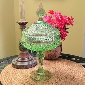 Vintage Indiana Glass Green Diamond Point Pedestal Footed Dish w/ Lid